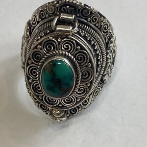 Sterling Silver and Turquoise Large Poison Ring with filigree